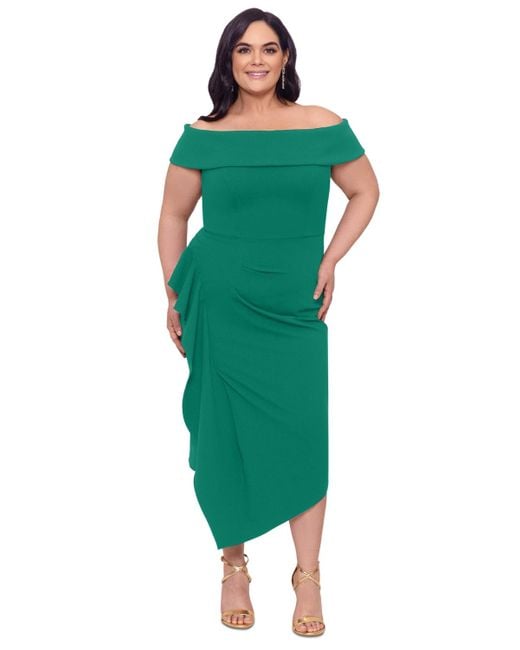 Betsy & Adam Green Plus Size Off-the-shoulder Side-drape Midi Dress
