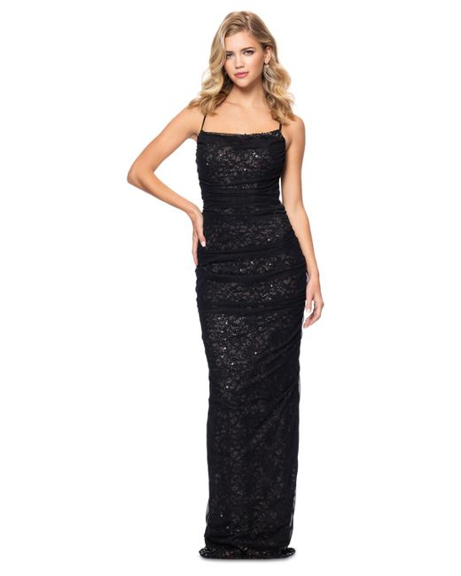 Betsy & Adam Blue Sequined Lace Ruched Gown