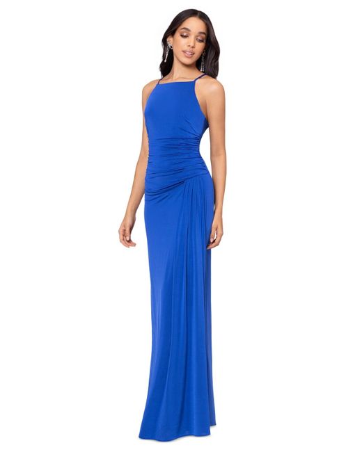 Betsy & Adam Blue Petite Ruched Gown