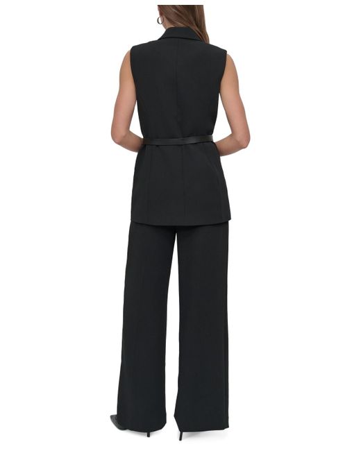 DKNY Black Petites Sleeveless Belted Notch-collar Vest Jacket