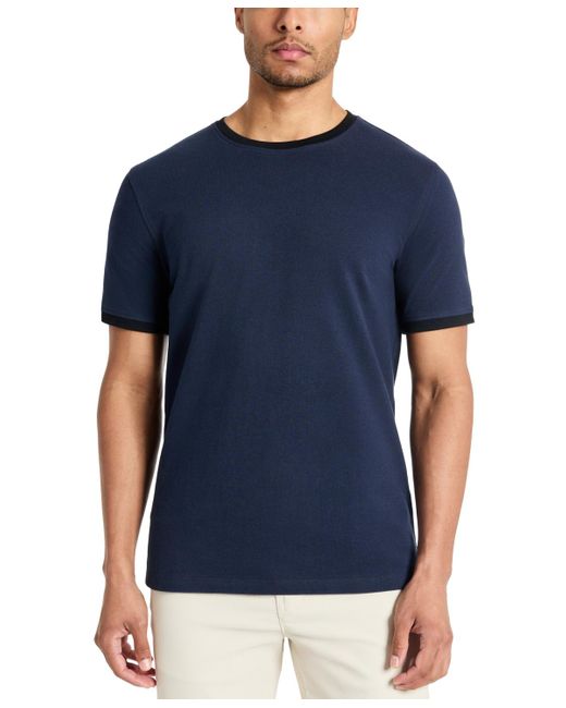 Kenneth Cole Blue Contrast-trim Textured Short Sleeve T-shirt for men