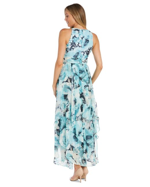 R & M Richards Blue Floral Print Halter Gown