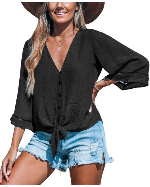CUPSHE Black Flared Sleeve And Tied-waist Cover-up Top