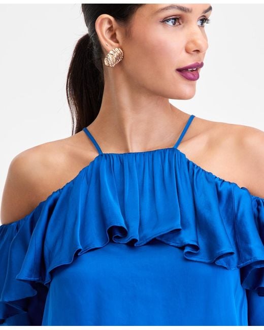 INC International Concepts Blue Cold-shoulder Long-sleeve Ruffle Blouse