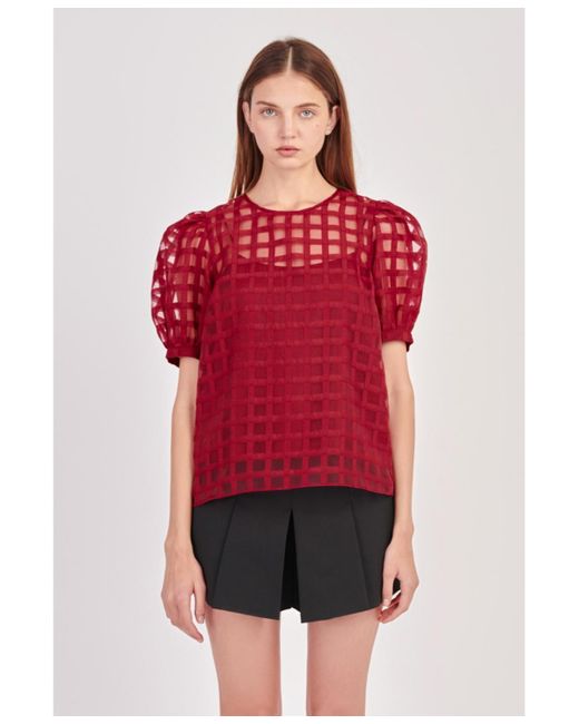 English Factory Red Plaid Sheer Puff Sleeve Top