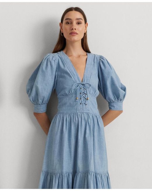 Lauren by Ralph Lauren Blue Cotton Puff-sleeve Dress