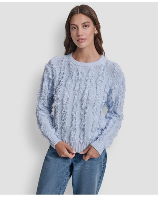 DKNY Blue Petite Fringe Crewneck Sweater