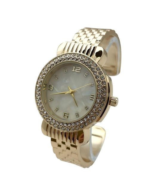 Olivia Pratt Metallic Round Face Rhinestone Bezel Bangle Watch