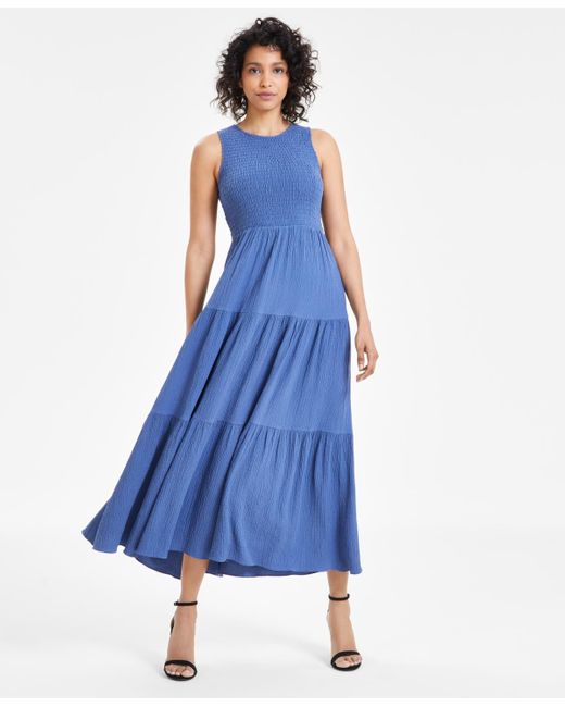 Anne Klein Blue Smocked Bodice Maxi Dress