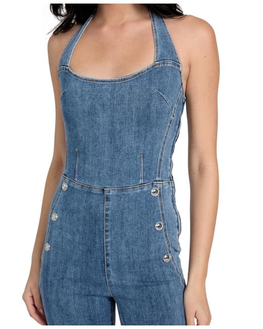 Guess Blue Blair Denim Halter Flared-leg Jumpsuit