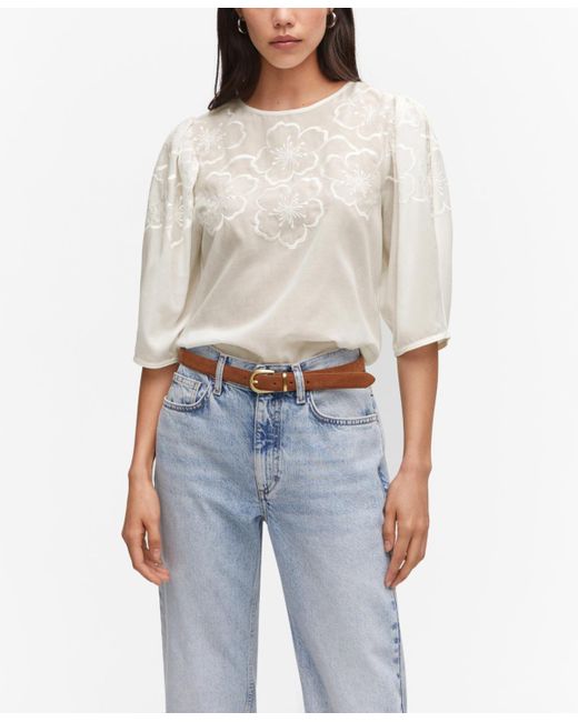 Mango White Floral Embroidered Blouse