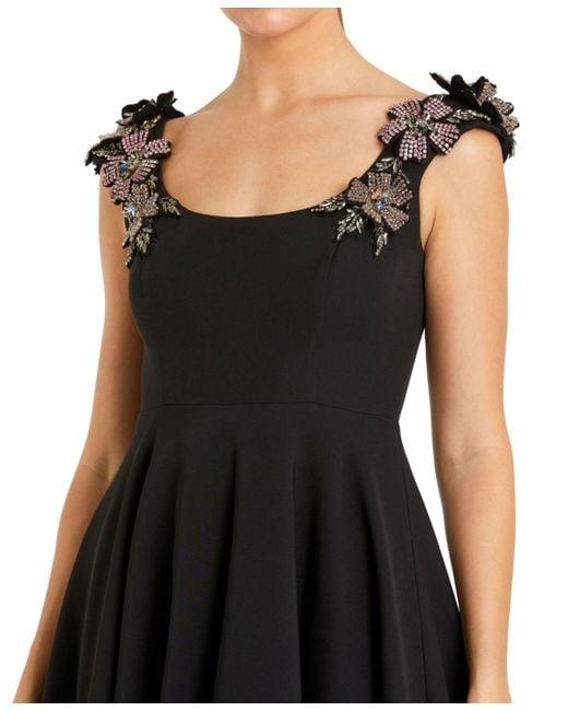 Mac Duggal Black Crepe Sleeveless Ballgown With Rhinestone Flowers