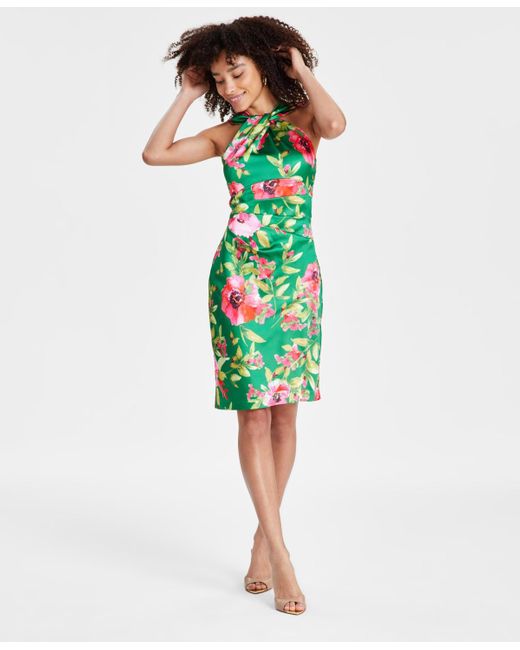 Eliza J Green Twist-front Floral Stretch Satin Dress