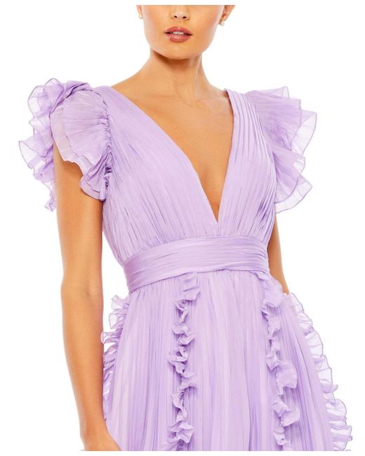 Mac Duggal Purple Ieena Pleated Ruffle Cap Sleeve Flowy A Line Gown