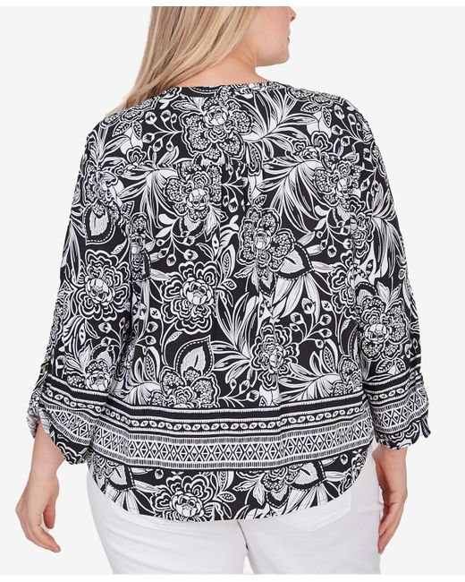 Ruby Rd Black Plus Size Woodblock Woven Top