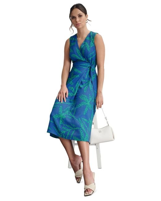DKNY Blue Printed Side-tie Sleeveless A-line Dress