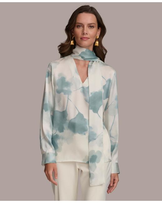 Donna Karan Multicolor Printed Tie-neck Long-sleeve Blouse