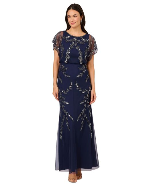 Adrianna Papell Blue Private Label Beaded Flutter Blouson Gown