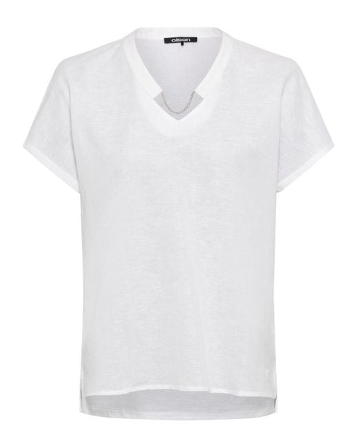 Olsen White Cotton Linen Short Sleeve Neck Chain Detail Tunic Top