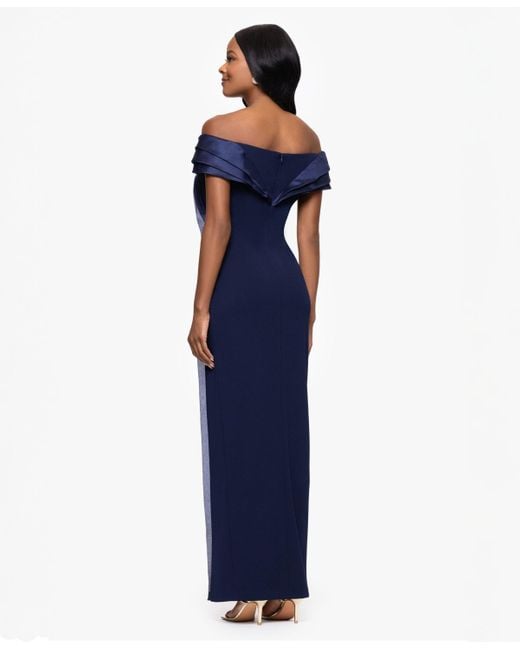 Betsy & Adam Blue Organza Off-the-shoulder Dress