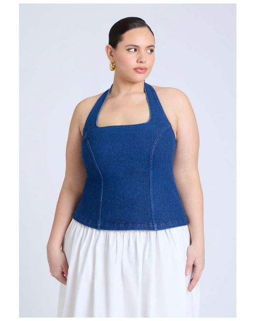 Eloquii Blue Plus Size Comfort Stretch Denim Halter Top