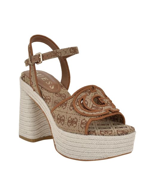 Guess Brown Formaly-g Cutout Fabric Logo Platform Espadrille Dress Sandals