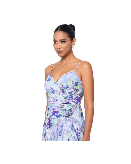 Xscape Blue Floral-print Rosette Ruffled Gown