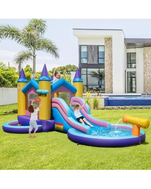 Gymax Blue Kids Inflatable Water Slide W/ Slide Splash Pool Water Cannon W/ 680w Blower