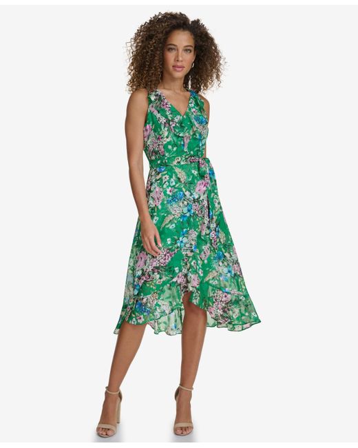 Kensie Green Floral-print Ruffled Sleeveless Midi Dress