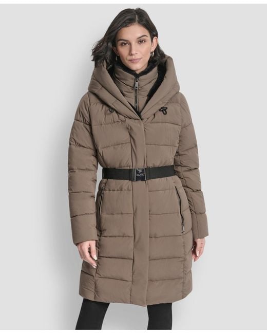 DKNY Brown Belted Asymmetrical Zip Front Puffer Coat