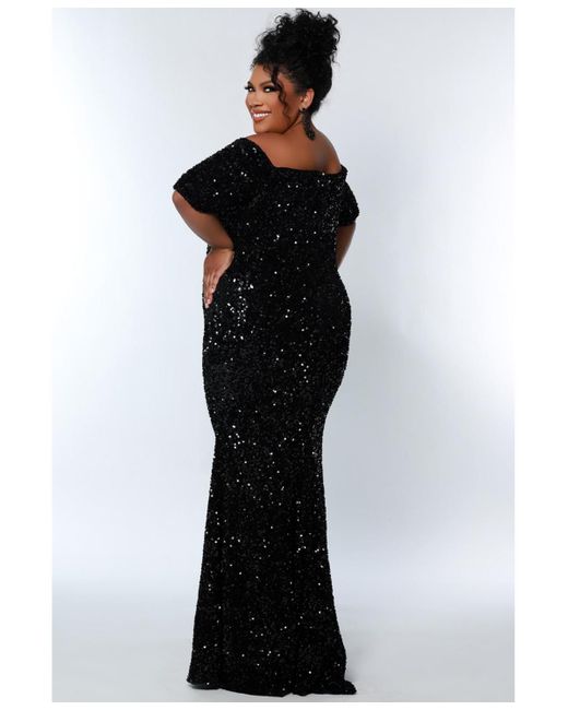 Johnathan Kayne for Sydneys Closet Black Velvet Sequin Short Sleeve Plus Size Evening Gown