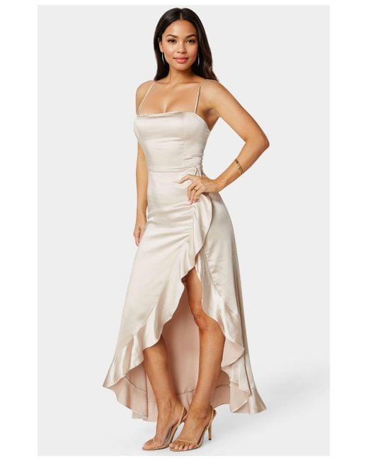 Bebe White Satin Ruffle Maxi Lace Up Back