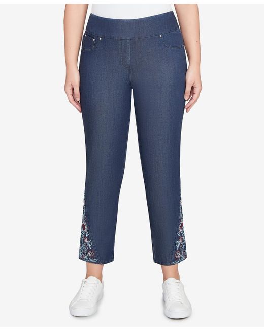 Ruby Rd Blue Petite Stretch Denim Embroidered Ankle Jeans