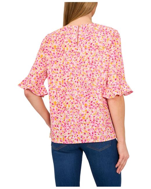 Cece Blue Ruffle Cuff Crew Neck Blouse