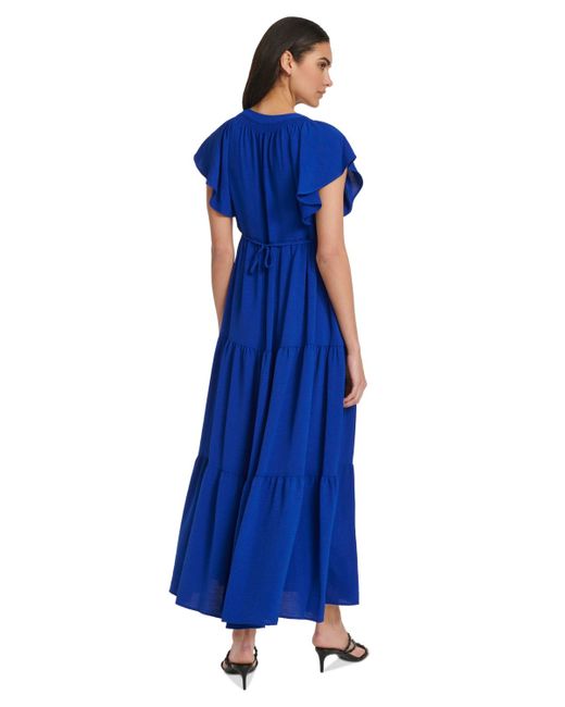 Calvin Klein Blue Short-sleeve Tiered Maxi Dress