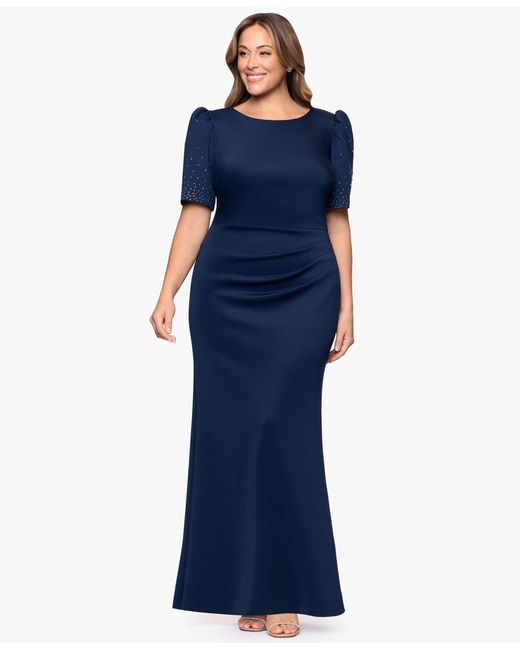 Xscape Blue Plus Size Pleated-waist Studded-sleeve Gown