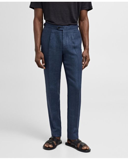 Mango Blue 100% Herringbone Linen Slim Fit Suit Pants for men
