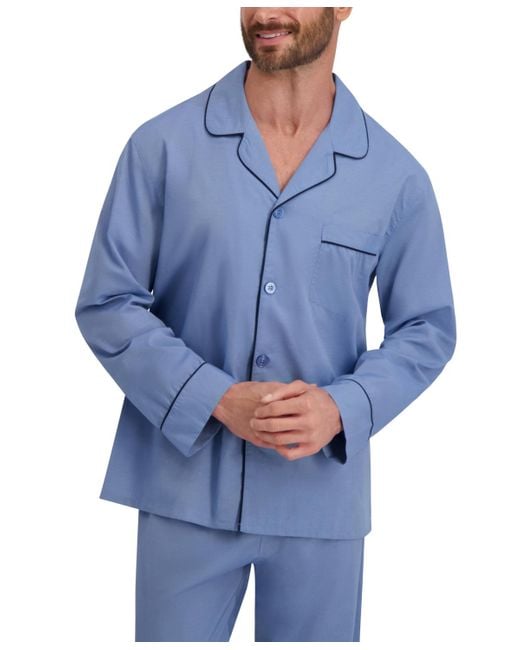 Hanes Blue Woven Button Down Pajama Sleep Set for men