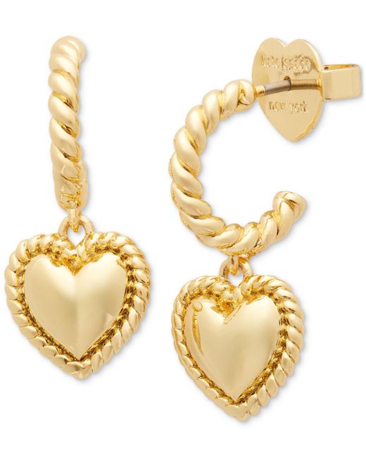 Kate Spade Metallic Gold-tone Twisted Frame Heart Charm Hoop Earrings