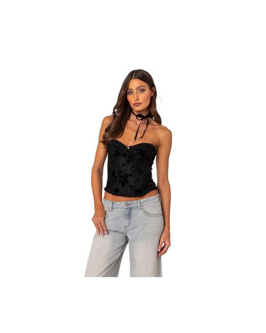 Edikted Black Marnie Velvet Embroidered Corset Top