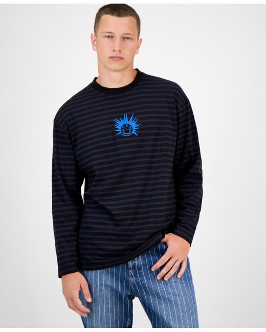 Boss Blue Hugo By Striped Cotton Logo Graphic Crewneck T-shirt for men