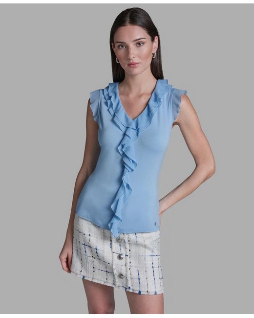 BCBGMAXAZRIA Blue V-neck Ruffle Front Pull-on Top