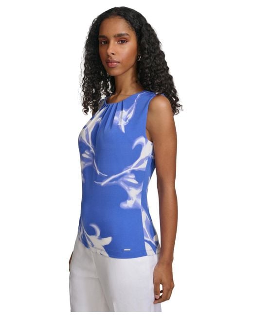 Calvin Klein Blue Floral-print Pleated-neck Sleeveless Top