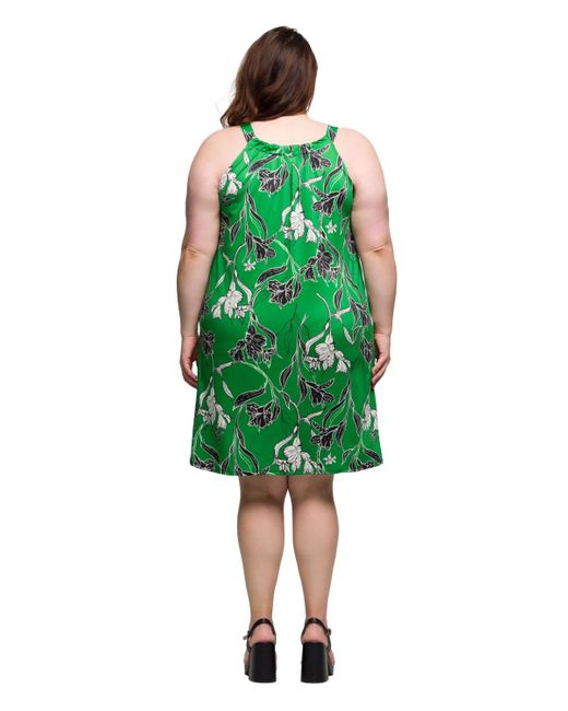 24seven Comfort Apparel Green Plus Size Knee Length Print Sleeveless Keyhole Dress