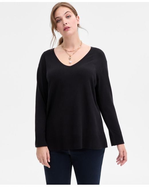 INC International Concepts Black Plus Size V-neck Long-sleeve Tunic