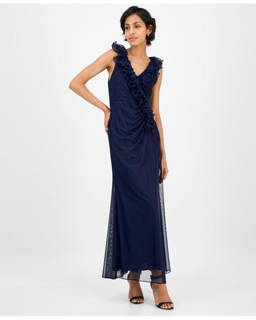 Alex Evenings Blue Petite Ruffled V-neck Sleeveless Mesh Gown
