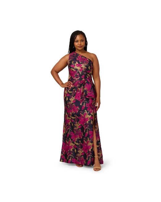 Adrianna Papell Women's Plus Size Metallic Jacquard One-shoulder Long Dress