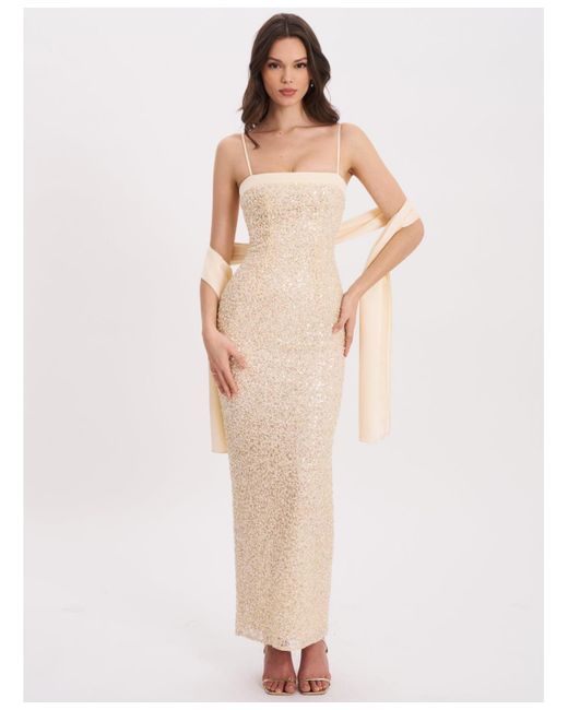 Miss Circle Raizel Beaded Sequin Bodycon Gown in Natural | Lyst