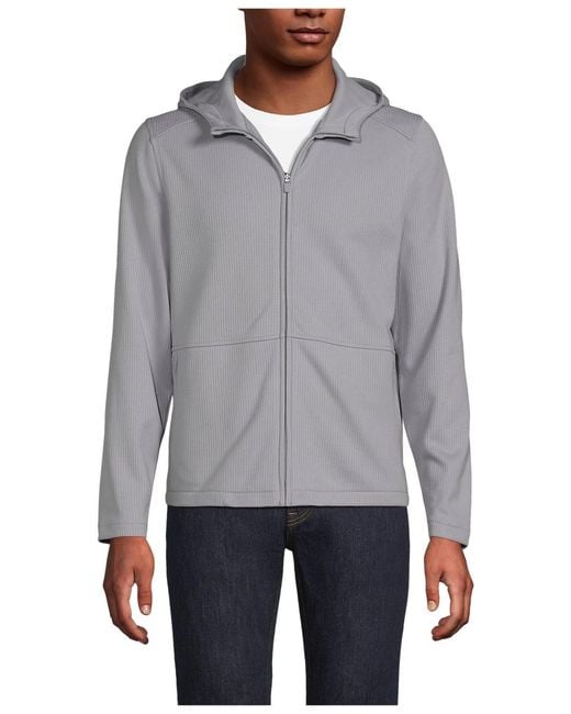 Lands' End Gray Grid Tech Hooded Zip Front Jacket