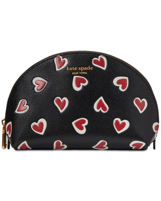 Kate Spade Black Morgan Stencil Hearts Embossed Printed Saffiano Leather Small Dome Cosmetic Bag